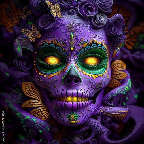 Bright sugar skull with neon purple and green patterns, glowing in dark, intricate swirls