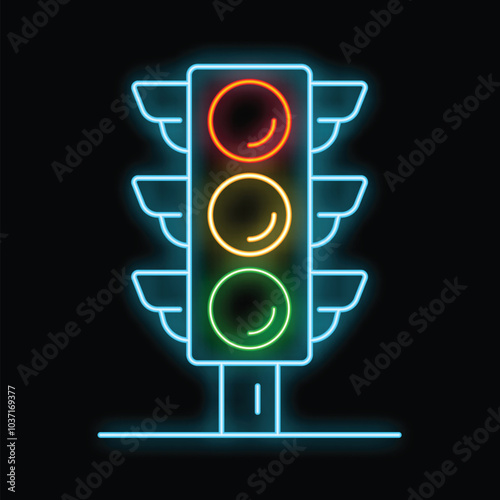Neon traffic light is glowing red, yellow, and green on a dark background