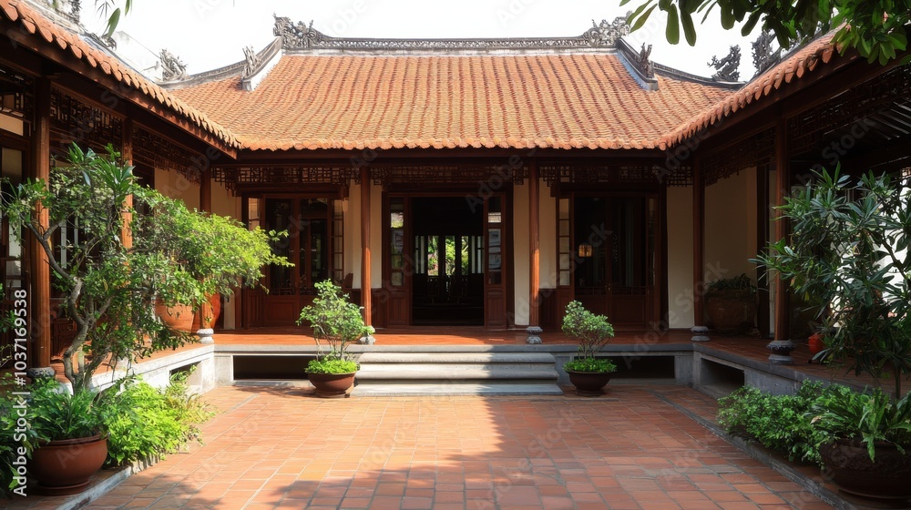A beautiful traditional courtyard house featuring a distinctive tiled roof, lush greenery, and intricate wooden elements. A beautiful traditional courtyard house featuring a distinctive tiled roof, lush greenery, and intricate wooden elements.