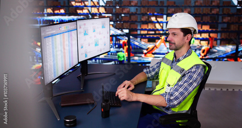 Warehouse Manager Sitting At Desktop Computer. Delivery Logistic