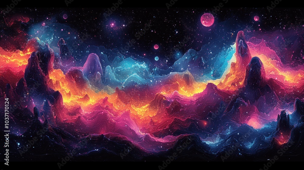 A vibrant cosmic landscape filled with colorful nebulae and celestial bodies. A vibrant cosmic landscape filled with colorful nebulae and celestial bodies.