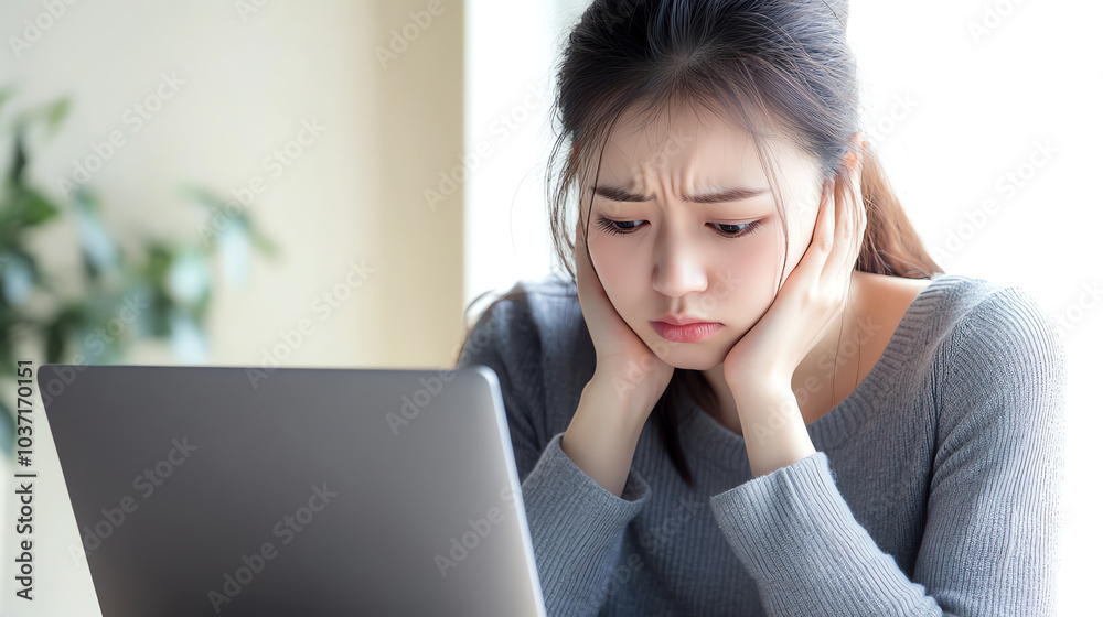 Young woman stressed during laptop work at home. Young woman stressed during laptop work at home.