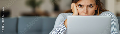 Young woman feeling bored while working on a laptop. photo