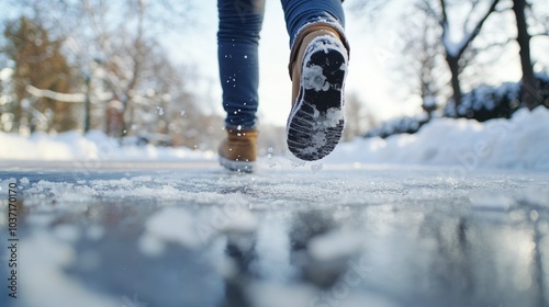 A man walks on icy ground