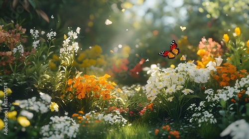 218. A beautiful garden filled with blooming flowers, butterflies fluttering, and a gentle breeze photo