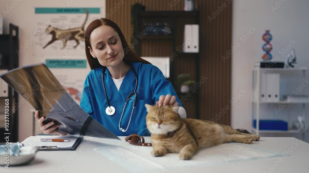 Female animal doctor checking x-ray image of cat patient, vet clinic check-up