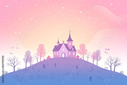 Cute cartoon vector silhouette of an old haunted house on a hill, surrounded by cemeteries and trees with little houses, against a pastel gradient background of pink, purple, and blue, in a kawaii art