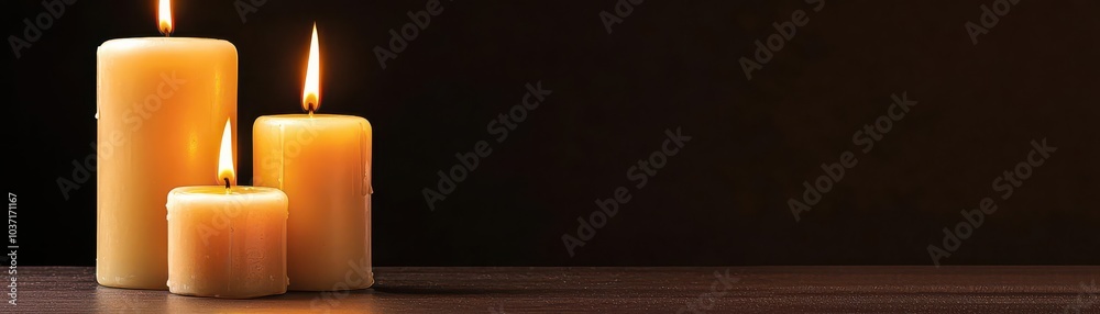 Three lit candles in varying heights set against a dark background, creating a warm and serene ambiance. Three lit candles in varying heights set against a dark background, creating a warm and serene ambiance.