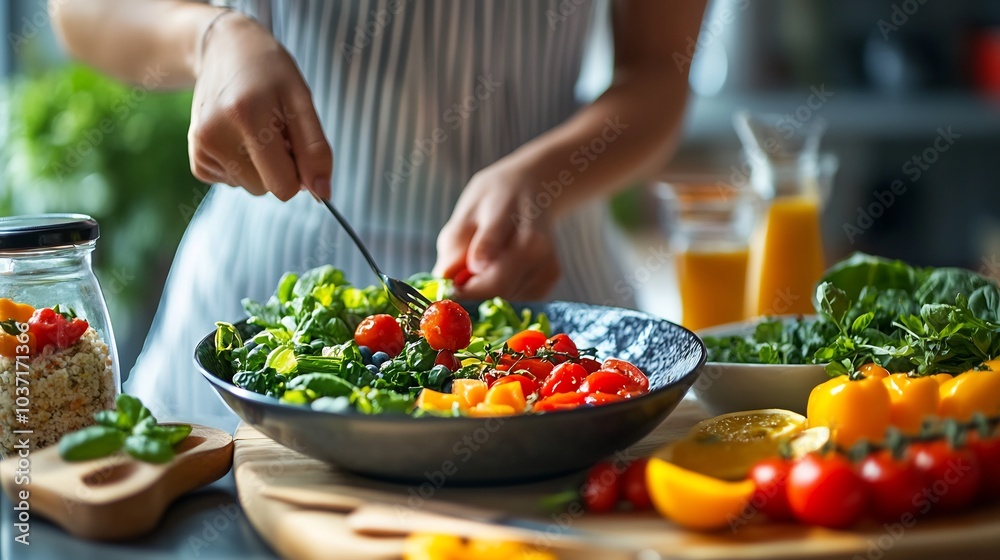 Person savoring an isolated breakfast with fresh vegetables and fruits emphasizing balance and health Person savoring an isolated breakfast with fresh vegetables and fruits emphasizing balance and health