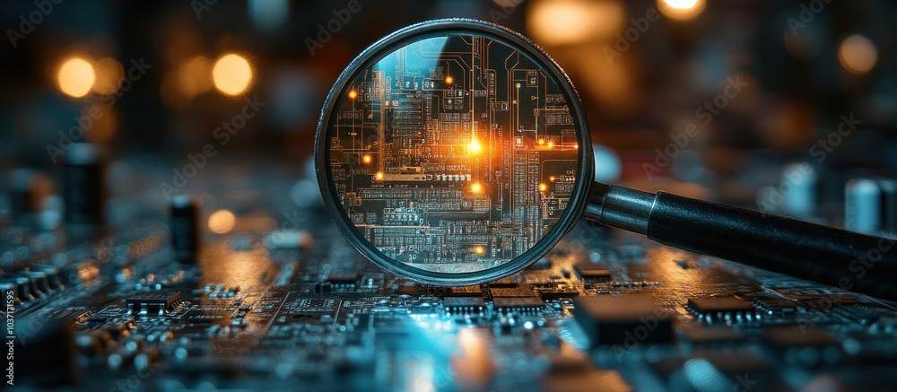 A close-up view of a circuit board through a magnifying glass, highlighting electronic components. A close-up view of a circuit board through a magnifying glass, highlighting electronic components.