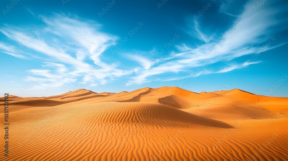 4. A vast desert landscape with rolling sand dunes, under a bright blue sky and a few wispy clouds 4. A vast desert landscape with rolling sand dunes, under a bright blue sky and a few wispy clouds