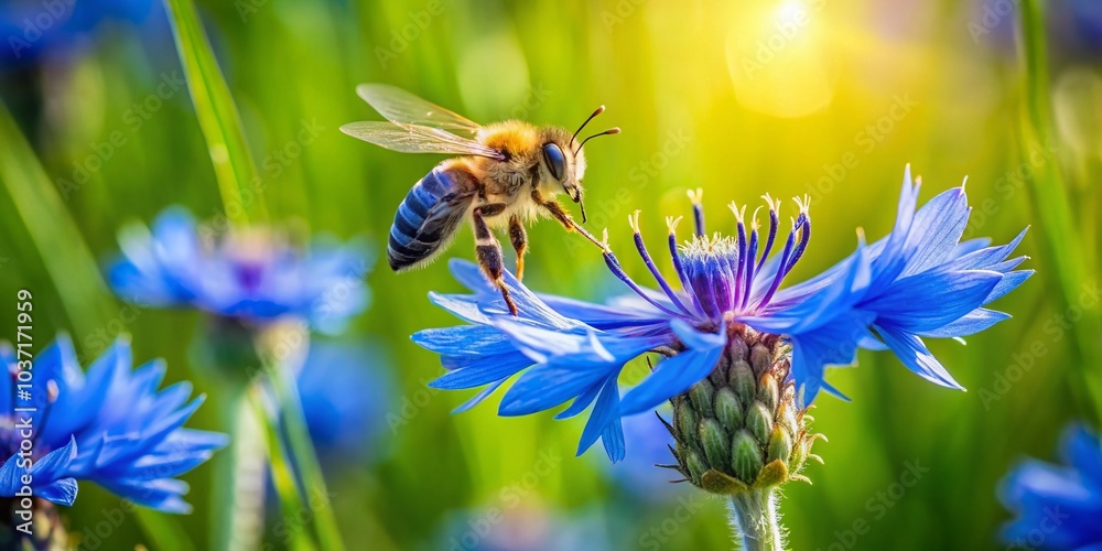 Close-Up of a Bee on Blue Cornflower in a Sunlit Field - Nature Drone Photography Close-Up of a Bee on Blue Cornflower in a Sunlit Field - Nature Drone Photography