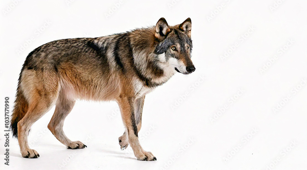 Obraz premium Grey wolf isolated on white background studio shot 