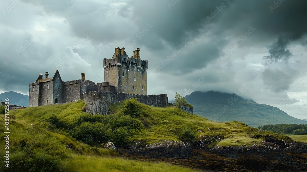 8. An ancient castle on a hilltop, surrounded by lush greenery and a dramatic sky filled with storm clouds 8. An ancient castle on a hilltop, surrounded by lush greenery and a dramatic sky filled with storm clouds