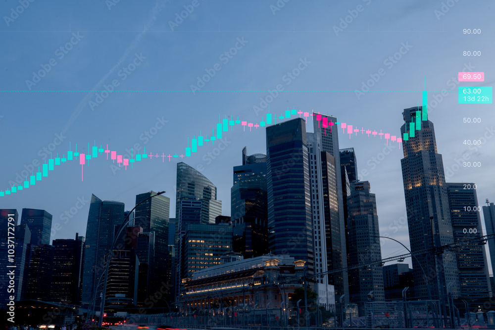 Fototapeta premium Double exposure, Chart of stock exchange and Singapore city financial building at night