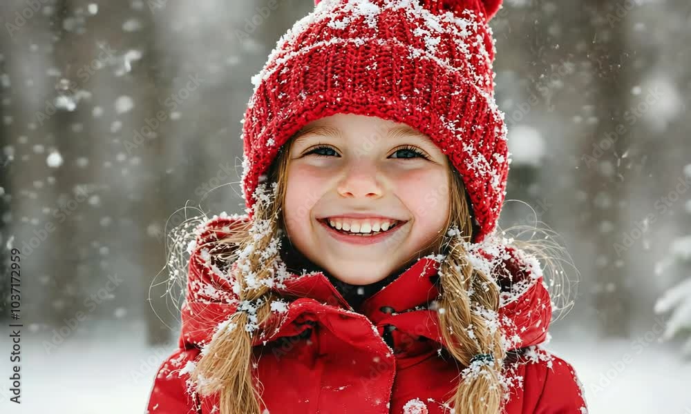 Girl smiling in red clothes standing under snow on street Girl smiling in red clothes standing under snow on street