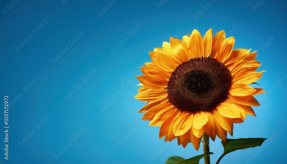 Obraz premium Close-Up of a Radiant Sunflower in Full Bloom with Detailed Yellow Petals and Textured Center Against a Clear Blue Sky. Ideal for Nature, Summer, and Agricultural Themed Visuals or Background Design