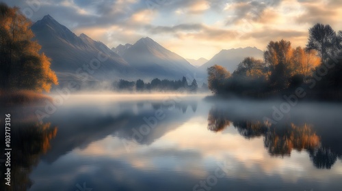 11. A serene lake at dawn, with mist rising off the water and mountains reflected in the surface