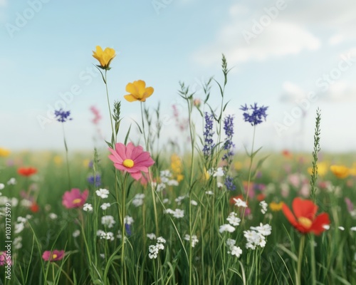 A vibrant field of colorful wildflowers under a clear blue sky.