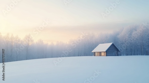 Romantic eco-tourism destination, rustic winter cabin in a snowy forest, sustainable decor