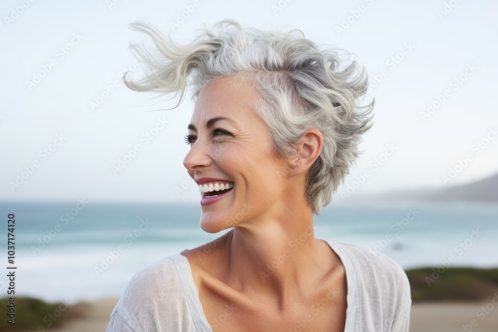 Portrait of a happy senior woman smiling on the beach at sunrise Portrait of a happy senior woman smiling on the beach at sunrise