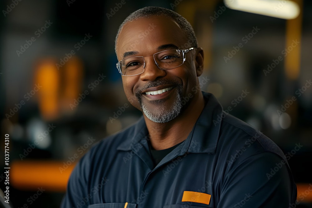 Smiling portrait of a middle aged African American car mechanic in workshop Smiling portrait of a middle aged African American car mechanic in workshop