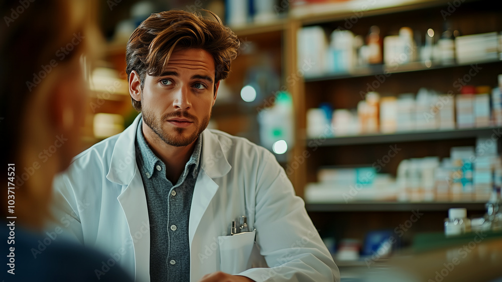 Obraz premium Pharmacist consulting with a patient in a pharmacy setting