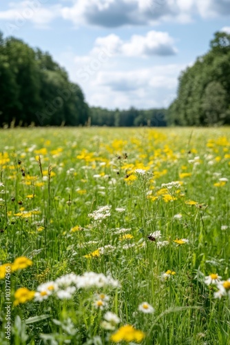 A vibrant field of wildflowers under a cloudy sky.