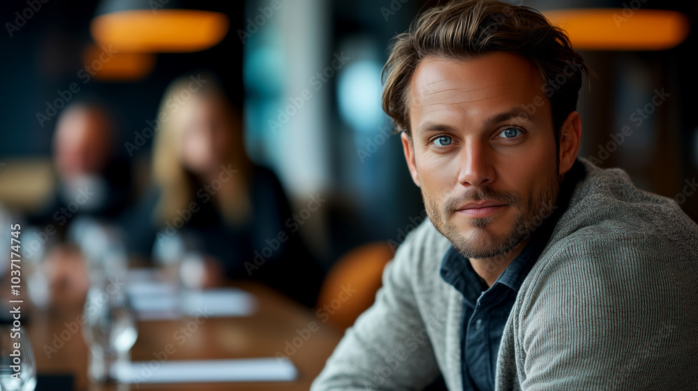Fototapeta premium Thoughtful man in a modern dining setting