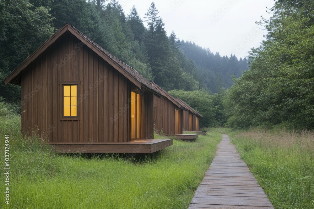 Sustainable eco-tourism amidst tranquil woodlands, featuring charming cabins that embrace natural light and harmonize with the surroundings. Sustainable eco-tourism amidst tranquil woodlands, featuring charming cabins that embrace natural light and harmonize with the surroundings.