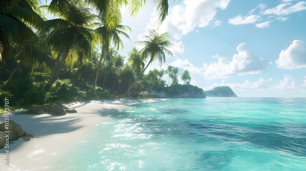 29. A lush tropical beach with palm trees swaying in the breeze and crystal-clear turquoise water 29. A lush tropical beach with palm trees swaying in the breeze and crystal-clear turquoise water