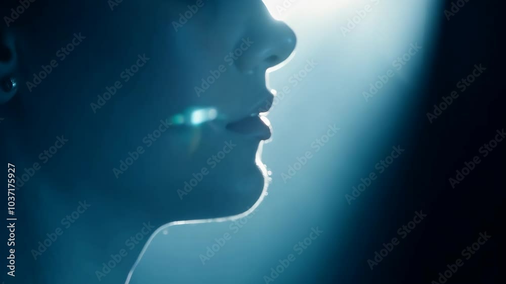 Dramatic side profile in blue light with lens flare effect Dramatic side profile in blue light with lens flare effect