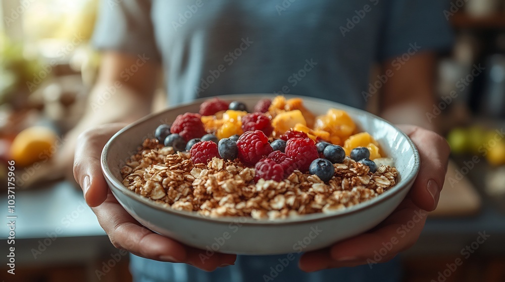 Person serving a detox breakfast with highfiber foods in a clean and elegant kitchen Person serving a detox breakfast with highfiber foods in a clean and elegant kitchen