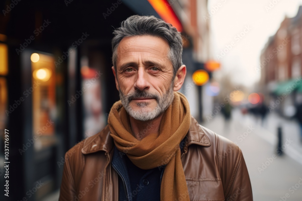 Portrait of a handsome middle-aged man with gray beard and mustache in a brown leather jacket on the street in the city Portrait of a handsome middle-aged man with gray beard and mustache in a brown leather jacket on the street in the city