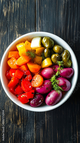 Overflowing white bowl of pickled vegetables, including carrots, peppers, onions, and green olives, seasoned with fresh dill