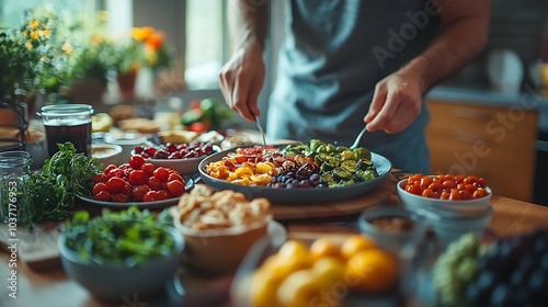 Person setting up a balanced breakfast with caloriecontrolled foods in a modern dining area photo