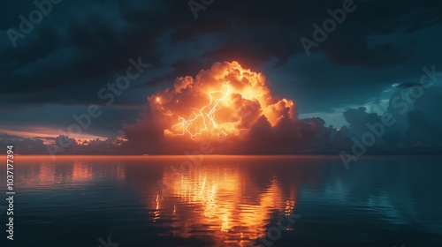 A cloudy scene with lightning, glowing yellow light on the water surface on a dark background.