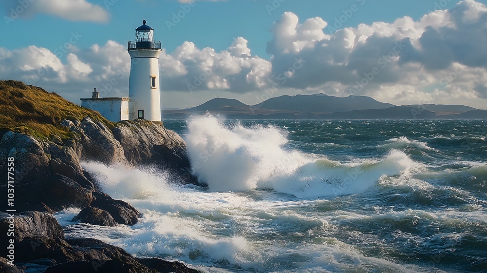 45. A picturesque lighthouse standing on a rocky shore, with waves crashing around it 45. A picturesque lighthouse standing on a rocky shore, with waves crashing around it