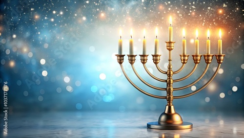 Illuminated menorah with candles against a sparkling blue background photo