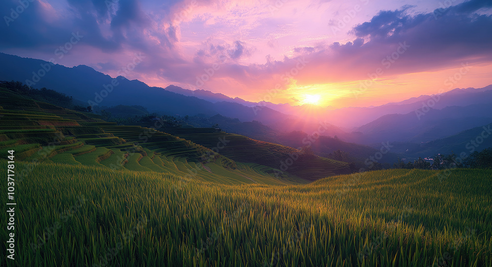 A breathtaking view of rice terraces at sunset, with the sun setting behind them and casting long shadows over the vibrant green fields A breathtaking view of rice terraces at sunset, with the sun setting behind them and casting long shadows over the vibrant green fields