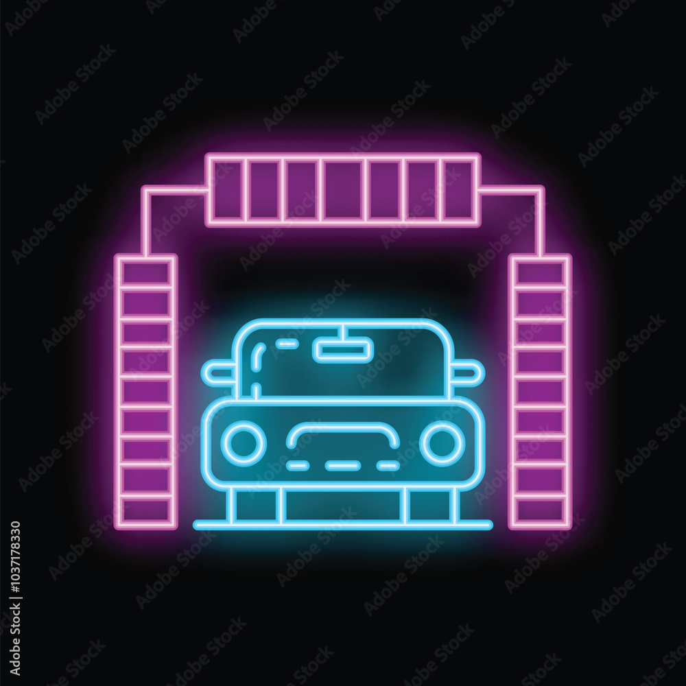 Neon sign of a car parking inside a garage, with a barrier gate and a brick wall in the background Neon sign of a car parking inside a garage, with a barrier gate and a brick wall in the background