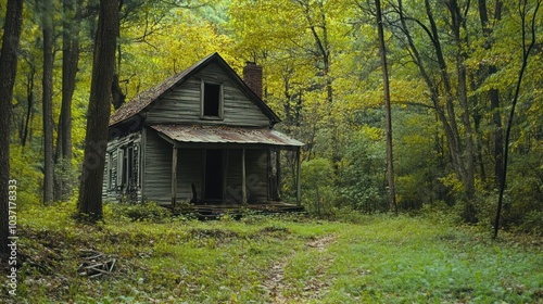 An abandoned house surrounded by vibrant autumn foliage in a serene forest setting.