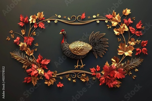 A decorative art piece featuring a stylized turkey surrounded by autumn leaves and floral elements in warm hues, perfect for seasonal decor. photo