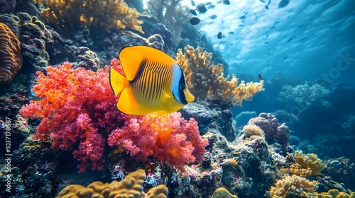 49. A colorful underwater scene with a diverse range of coral and marine life swimming peacefully