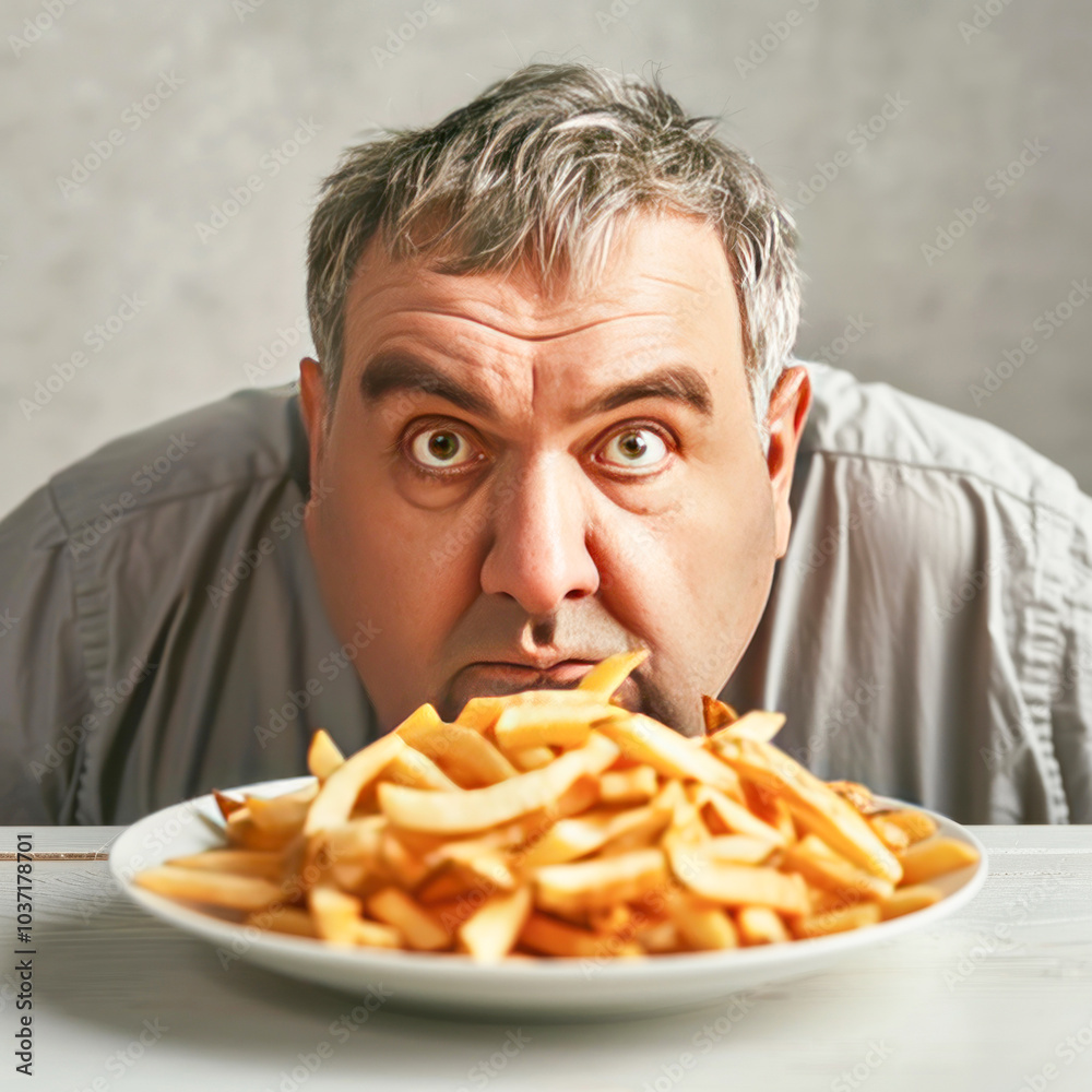 Fried finger chips plate in front of fat man Fried finger chips plate in front of fat man