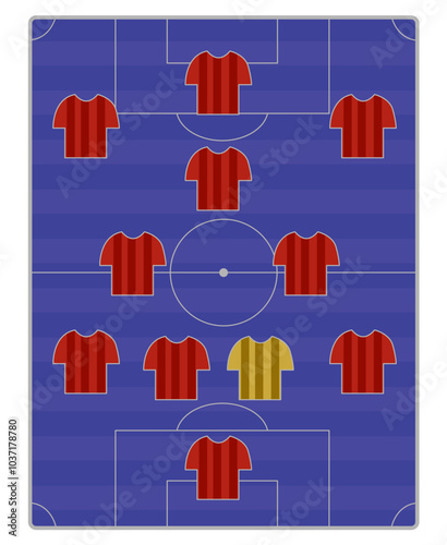 Soccer field formation with red team jerseys and goalkeeper in yellow on tactical board in flat vector design, football lineup