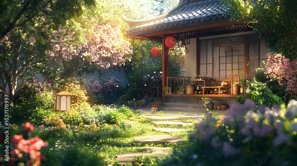 51. A charming tea house in a serene garden setting, surrounded by blooming flowers and greenery 51. A charming tea house in a serene garden setting, surrounded by blooming flowers and greenery