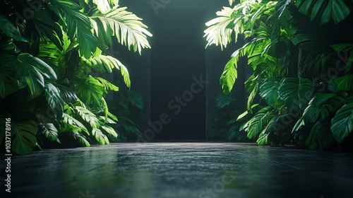 Fototapeta Naklejka Na Ścianę i Meble -  Dark tropical jungle scene with a spotlight illuminating a concrete floor.