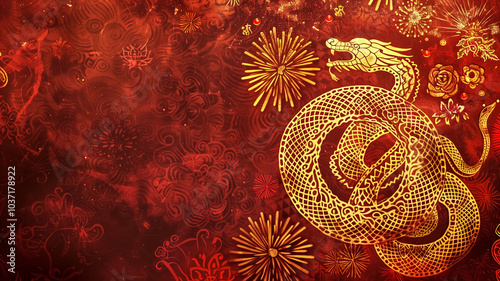 Festival card showcasing a vibrant snake in bold red and gold, s photo