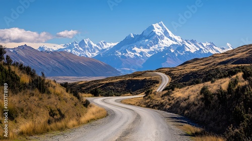 50. A winding mountain road with stunning views of snow-capped peaks and a clear blue sky